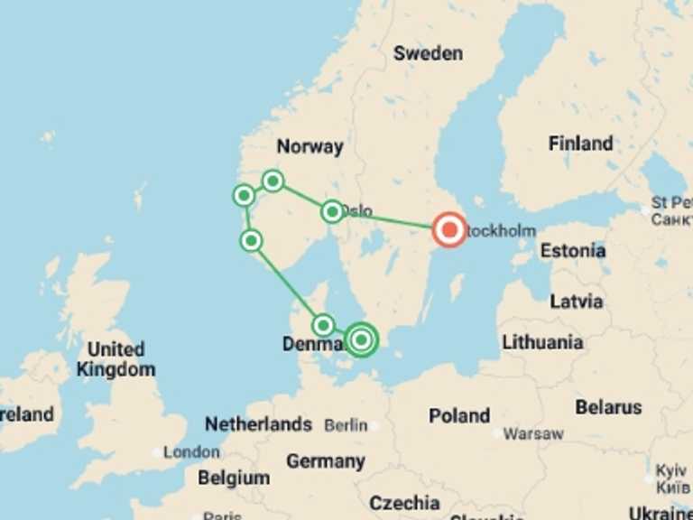 Map of Europe Tour with 7 destination visits for the trip: Scandinavia Discovery: Denmark, Norway & Sweden