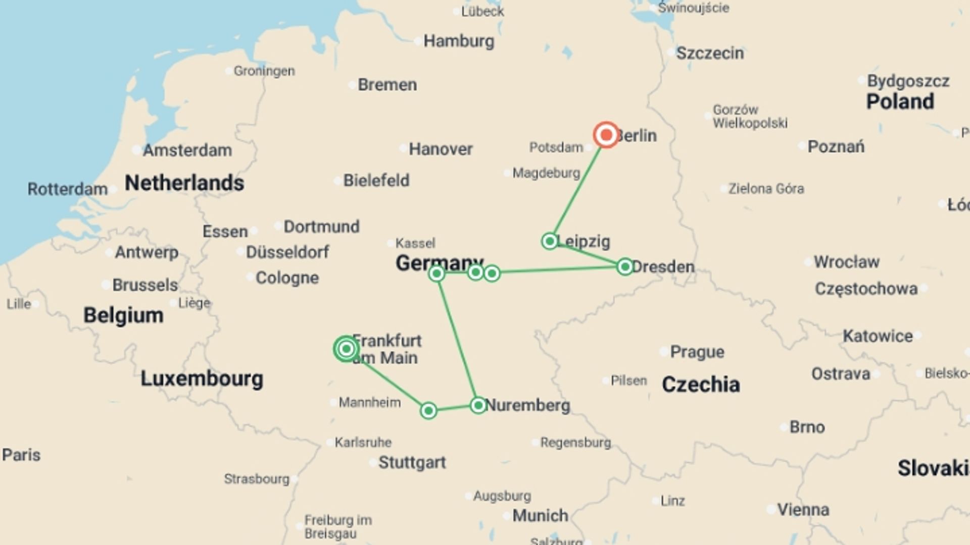 A map showing the tour itinerary for the trip: German Christmas Markets, starting in Frankfurt, Germany and ending in Berlin, Germany going through 3 other destinations.