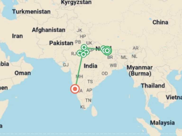 Map of New Delhi Explorer Tour with 8 destination visits for the trip: Nepal to Golden Triangle & Goa - 19 days