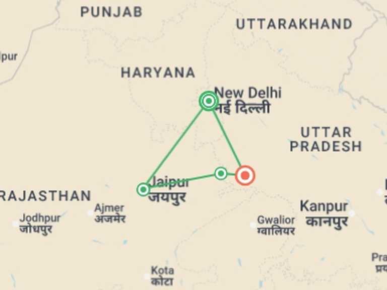 Map of 8-Day India Tour with 4 destination visits for the trip: India Golden Triangle Premium Tour with Bharatpur