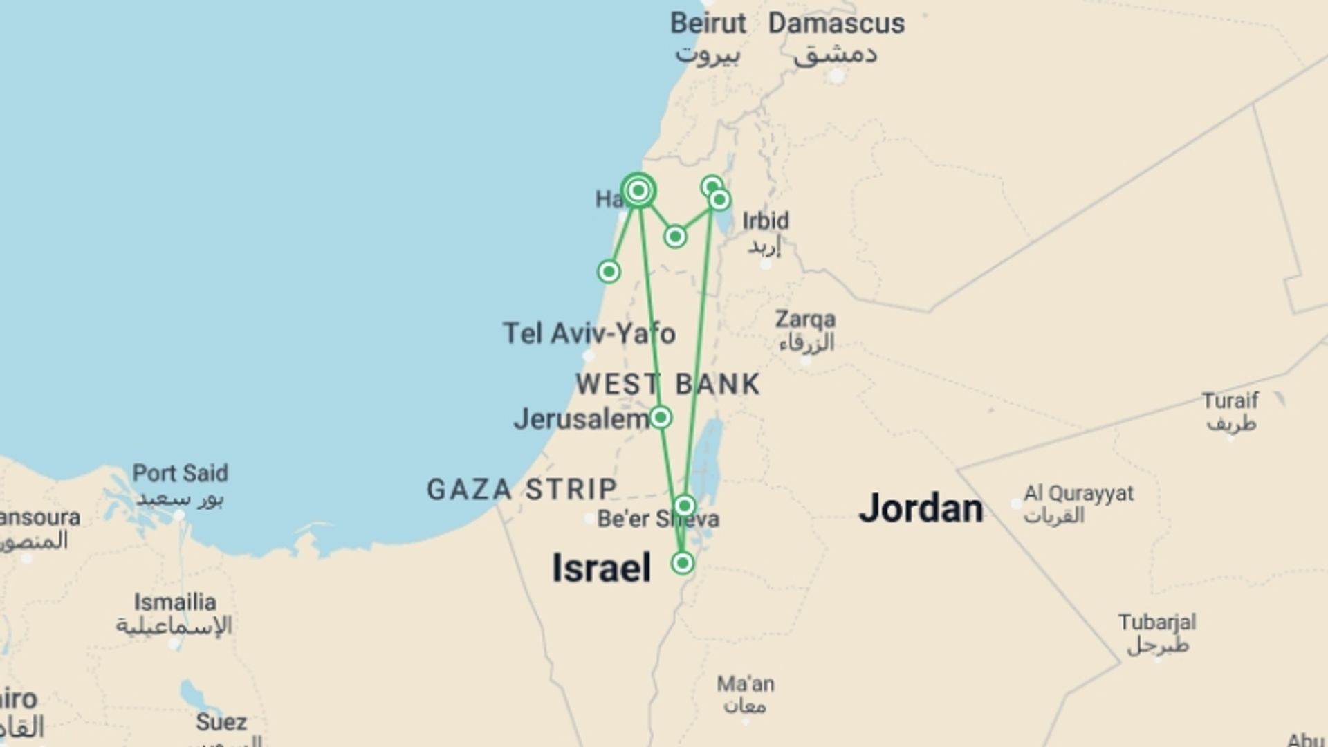 A map showing the tour itinerary for the trip: Classical Israel Tour Package, 4 Days From Tel Aviv, starting in Acre, Israel and ending in Acre, Israel going through 3 other destinations.