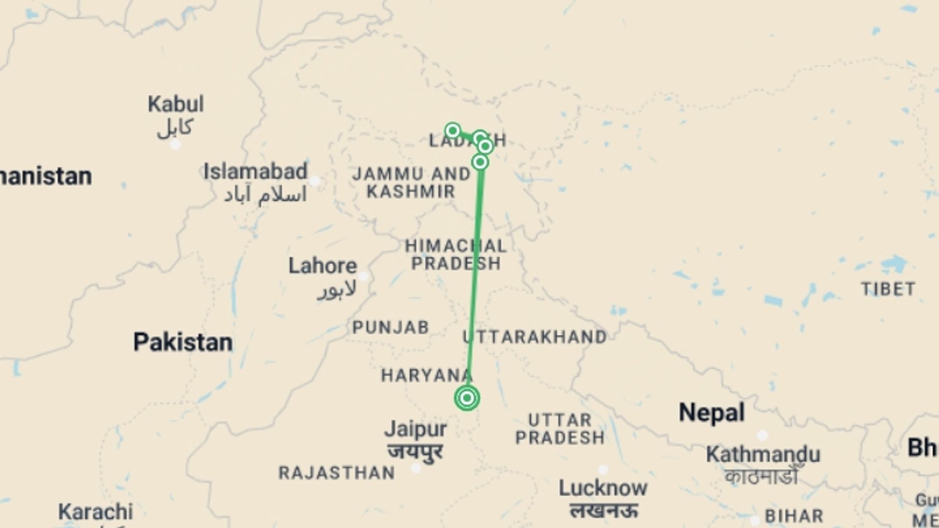 A map showing the tour itinerary for the trip: Biking India's Nubra Valley, starting in New Delhi, India and ending in New Delhi, India going through 4 other destinations.