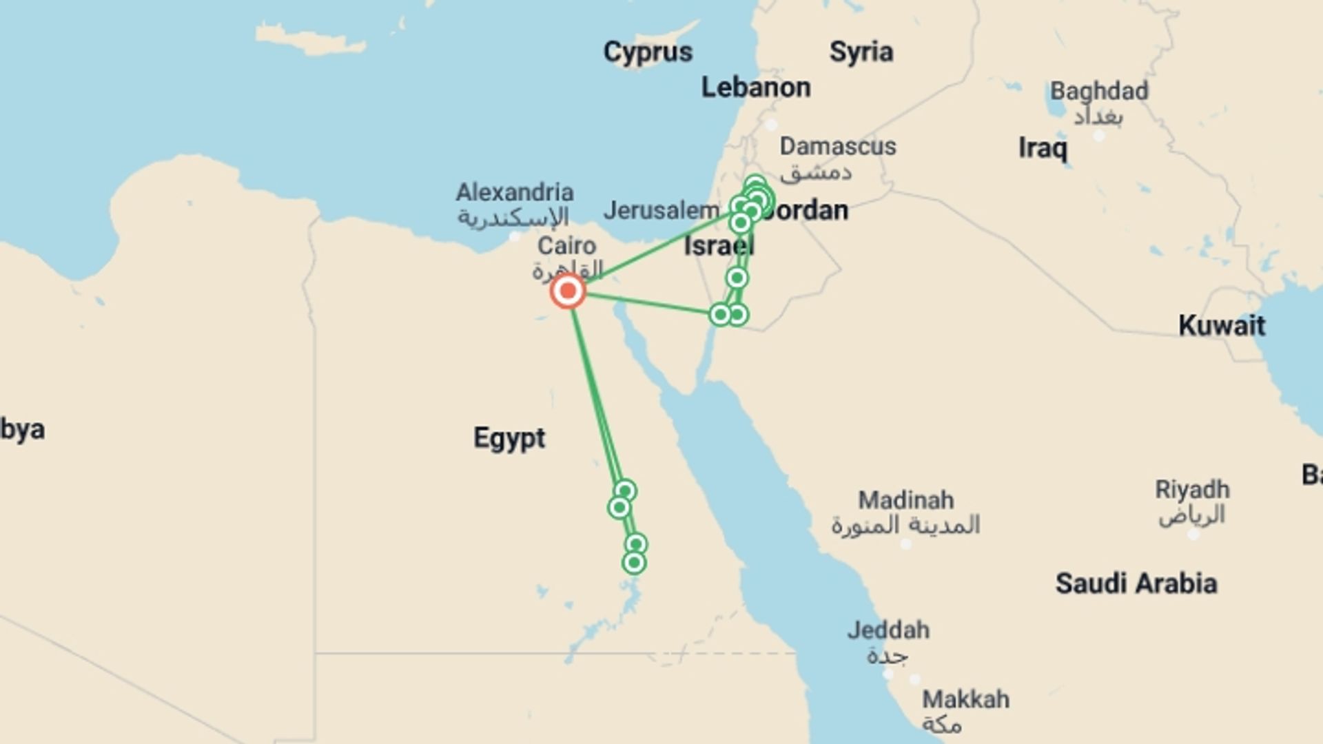 A map showing the tour itinerary for the trip: Jordan and Egypt with Nile Cruise, starting in Amman, Jordan and ending in Cairo, Egypt going through 7 other destinations.