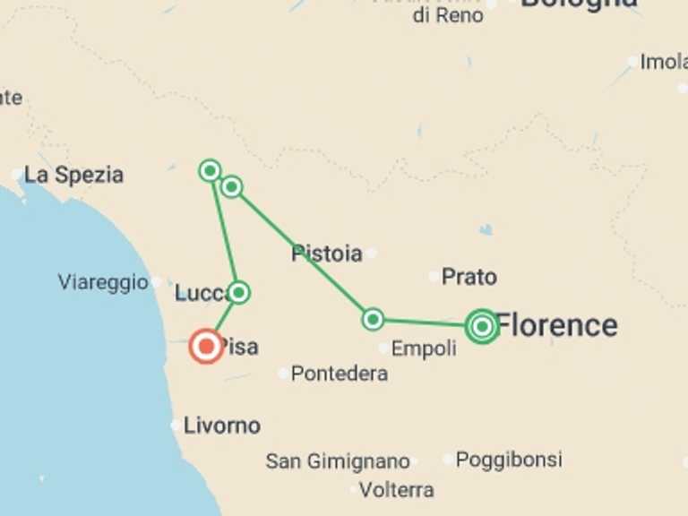 Map itinerary of Florence Tour in September 2026 with 6 destination visits for the trip: Cycle Tuscany