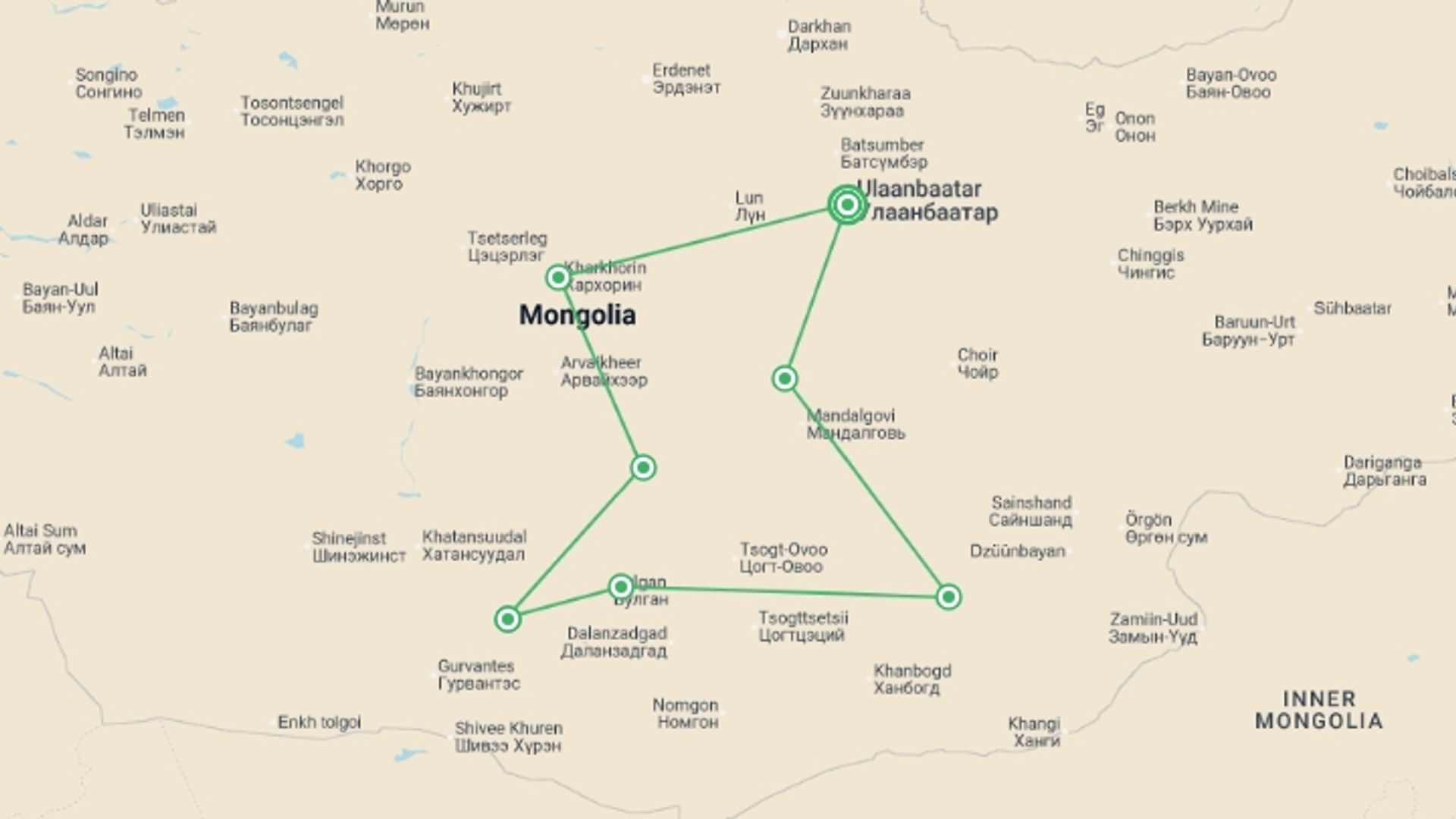 A map showing the tour itinerary for the trip: Mongolia's Naadam Festival, starting in Ulaanbaatar, Mongolia and ending in Ulaanbaatar, Mongolia going through 6 other destinations.