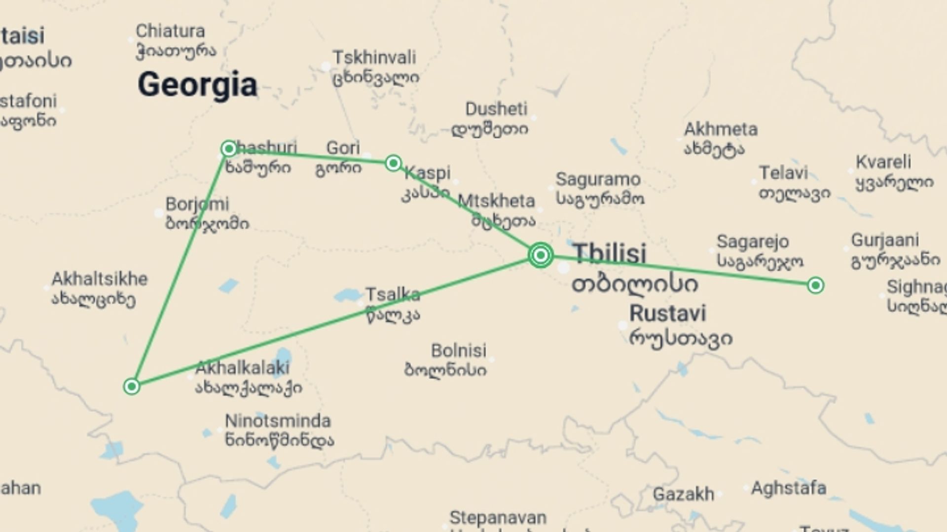 A map showing the tour itinerary for the trip: Cycling in Georgia, starting in Tbilisi, Georgia and ending in Tbilisi, Georgia going through 0 other destinations.