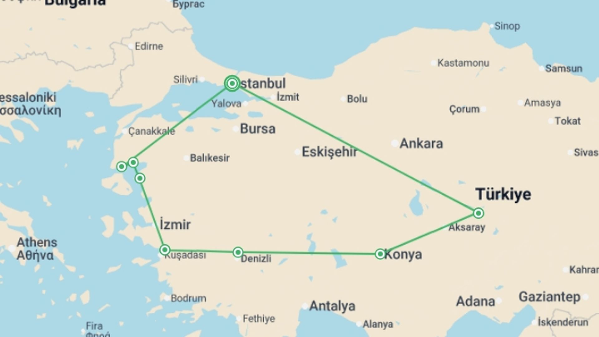 A map showing the tour itinerary for the trip: Turkey: Women's Expedition, starting in Istanbul, Turkey and ending in Istanbul, Turkey going through 6 other destinations.