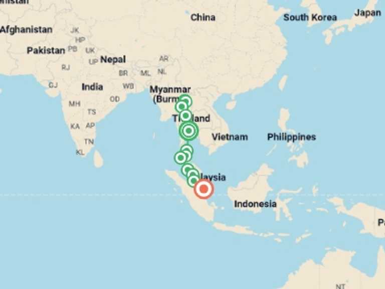 Map of Asia Tour with 12 destination visits for the trip: Epic Bangkok to Singapore