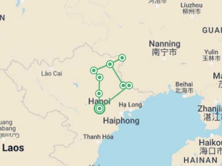 Map of Hanoi Bicycle Tour with 5 destination visits for the trip: Cycling Tour Through Northeast Vietnam 6 Days 5 Nights