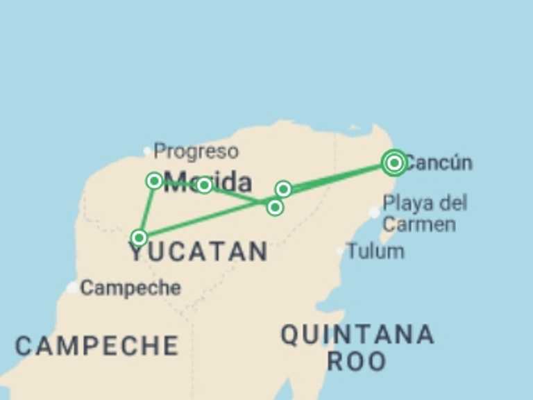 Map itinerary of Mexico Tour in June 2026 with 4 destination visits for the trip: Mini Wonders Of The Maya With The Maya Train, Italian-speaking Guide