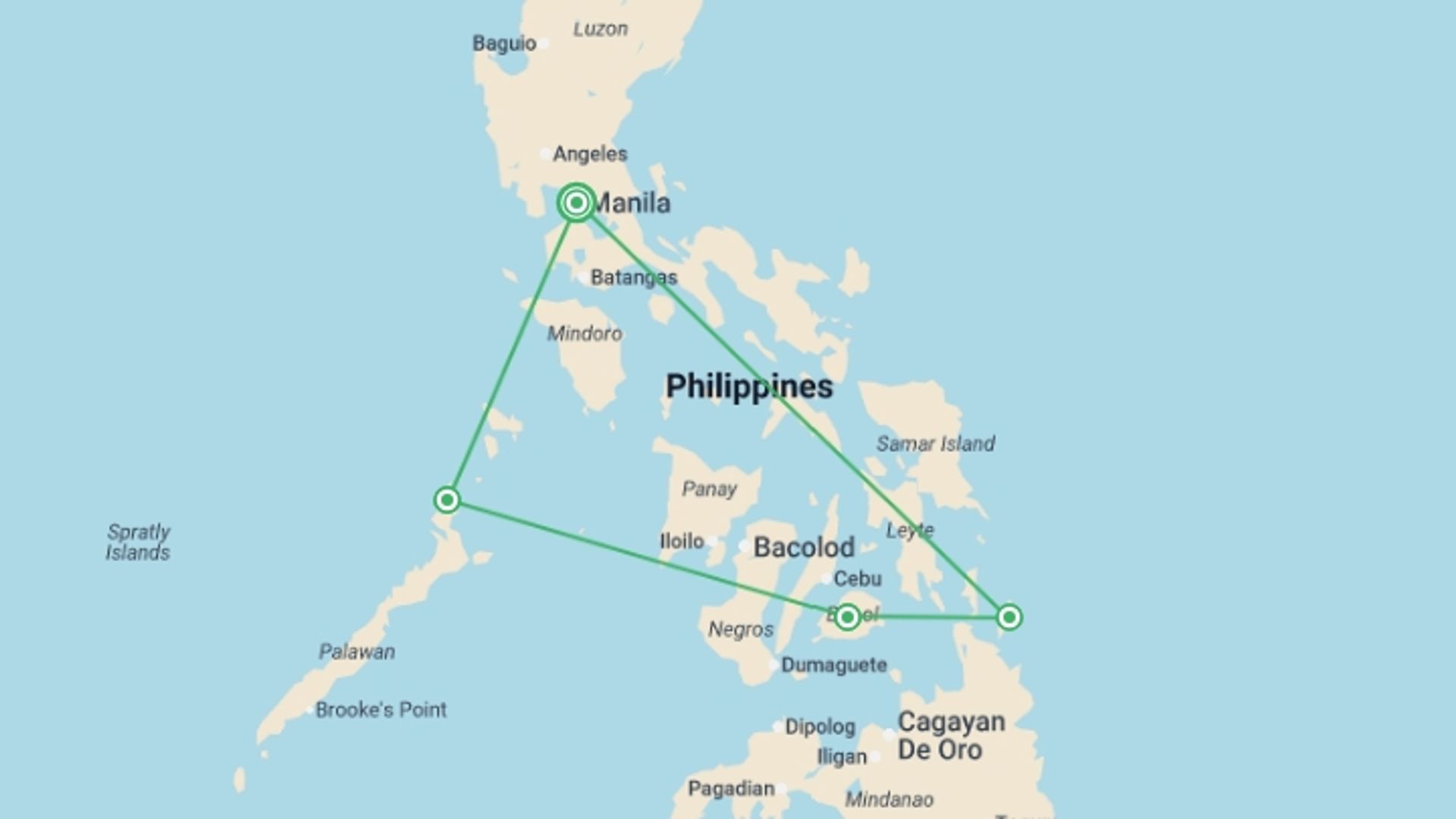 A map showing the tour itinerary for the trip: Manila to Siargao - 14 days, starting in Manila, Philippines and ending in Manila, Philippines going through 4 other destinations.