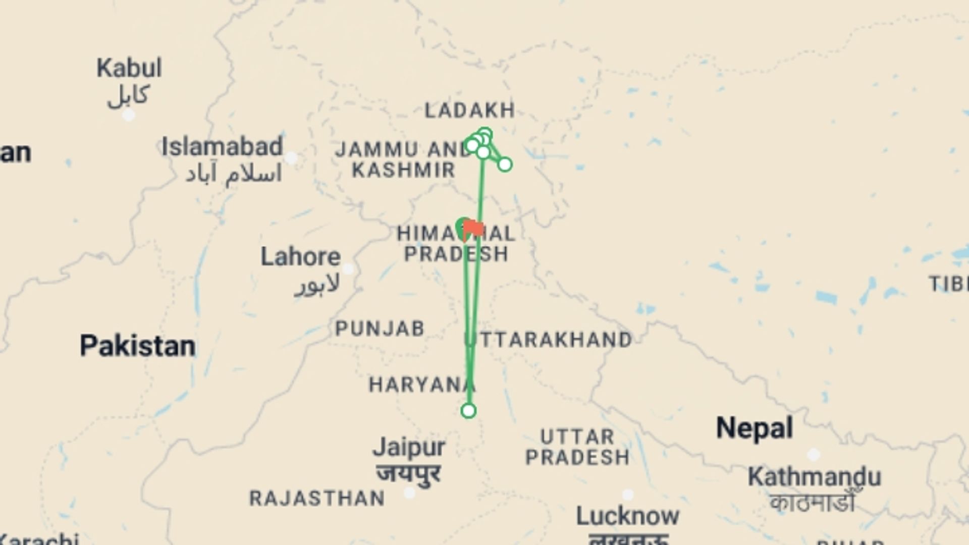 A map showing the tour itinerary for the trip: Markha Valley Trek, starting in Kullu, India and ending in Kullu, India going through 9 other destinations.