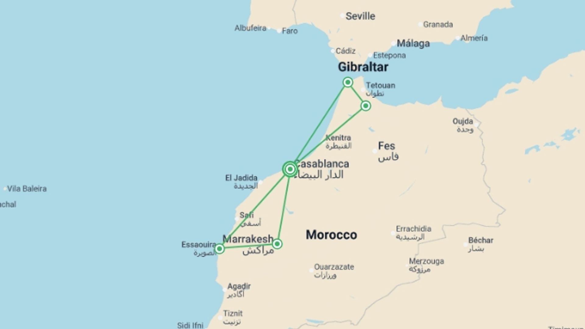 A map showing the tour itinerary for the trip: Casablanca & Coast with Chefchaouen - 9 days, starting in Casablanca, Morocco and ending in Casablanca, Morocco going through 4 other destinations.