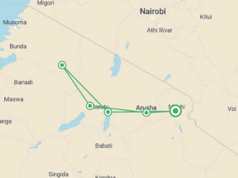 Map itinerary of Moshi Tour in July 2027 with 5 destination visits for the trip: 4 Days Lake Manyara, Serengeti, Ngorongoro.