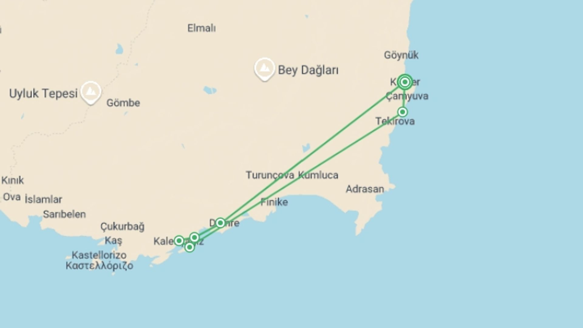 A map showing the tour itinerary for the trip: Gulet Cruise, Kemer – Kekova – Kemer With Transfers, starting in Kemer, Turkey and ending in Kemer, Turkey going through 5 other destinations.