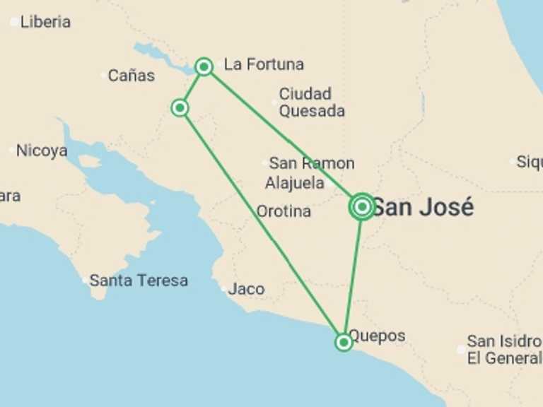 Map of South America Active and outdoor Tour with 5 destination visits for the trip: Treasures Of Costa Rica