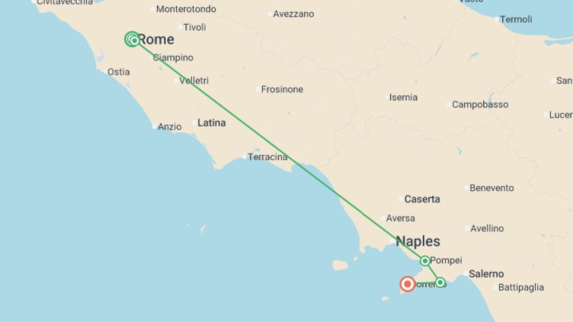 A map showing the tour itinerary for the trip: Rome, Sorrento and the Amalfi Coast, starting in Rome, Italy and ending in Sorrento, Italy going through 3 other destinations.