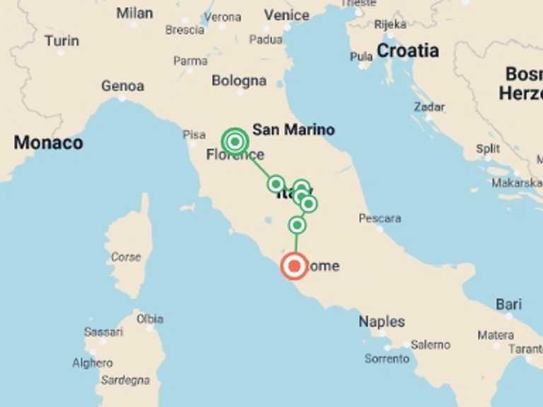 Map of 8-Day Florence Tour with 7 destination visits for the trip: Florence to Rome by Bike