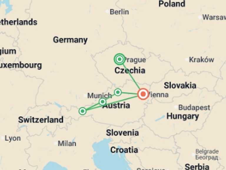 Map itinerary of Europe Tour in July 2026 with 5 destination visits for the trip: Top Highlights of Czechia and Austria, ending Vienna