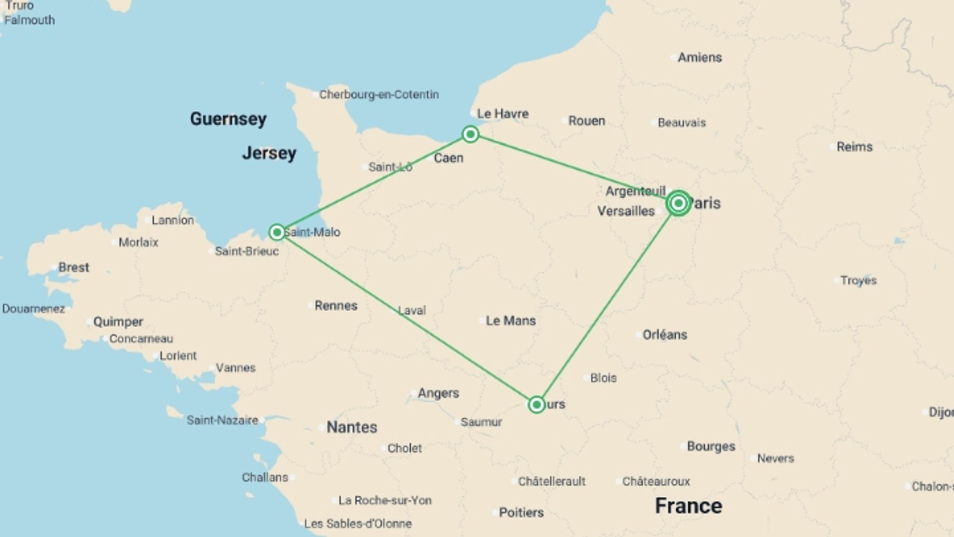 A map showing the tour itinerary for the trip: Normandy, Brittany & The Loire Valley, starting in Paris, France and ending in Paris, France going through 3 other destinations.