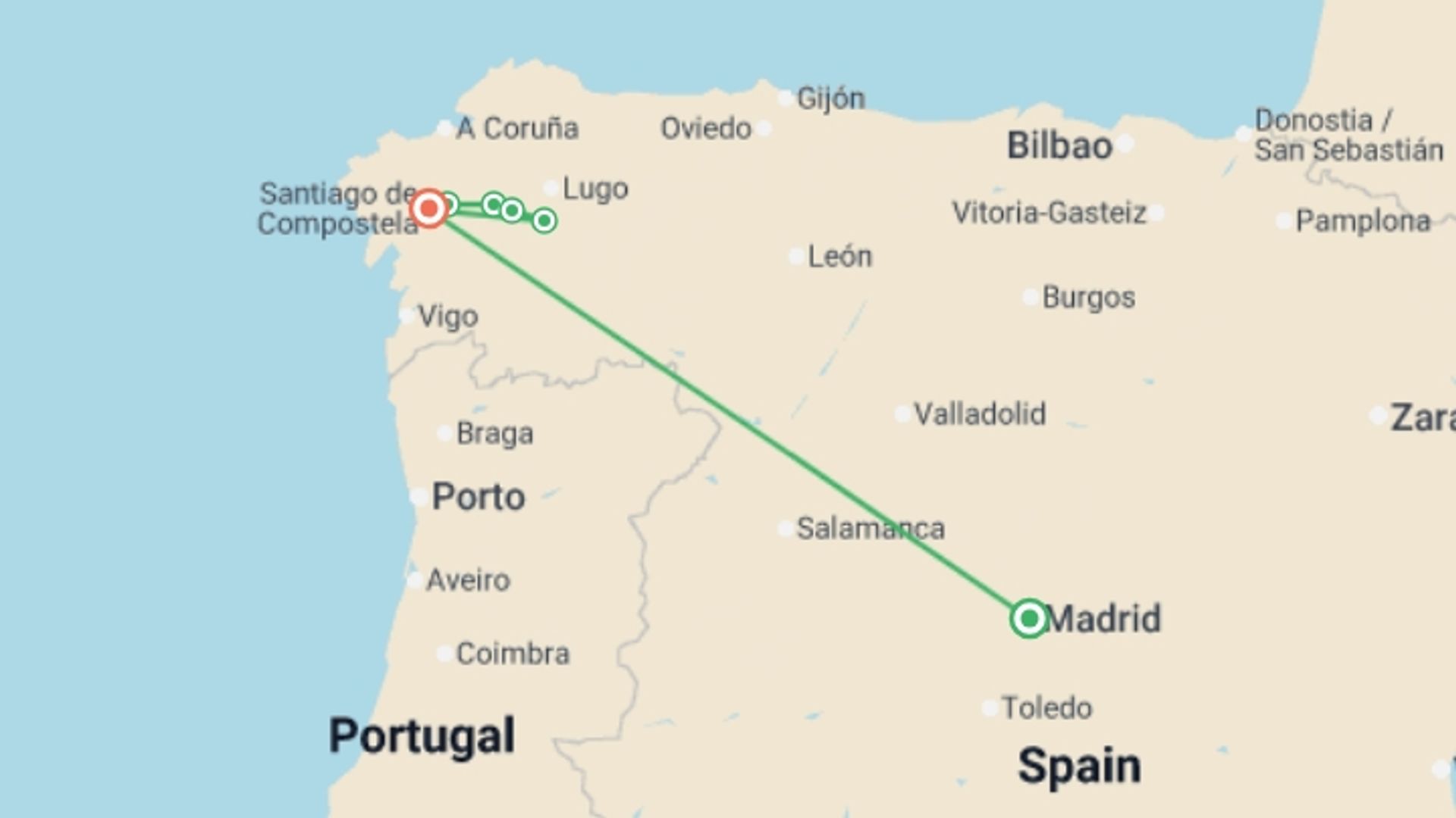 A map showing the tour itinerary for the trip: Walking the Camino de Santiago, starting in Madrid, Spain and ending in Santiago De Compostela, Spain going through 5 other destinations.