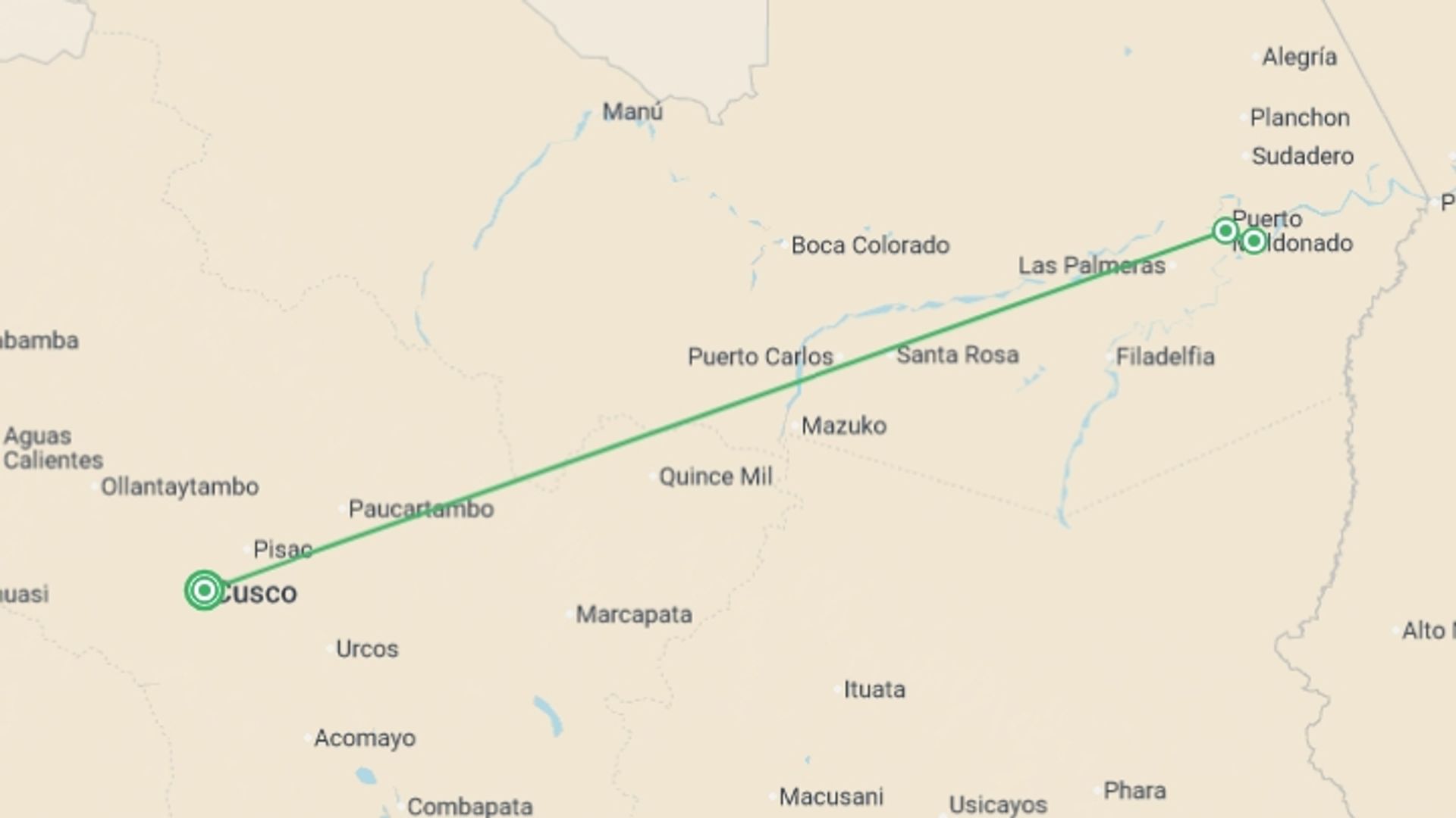 A map showing the tour itinerary for the trip: Puerto Maldonado Amazon Eco-Lodge 5D/4N (from Cuzco), starting in Cusco, Peru and ending in Cusco, Peru going through 1 other destinations.