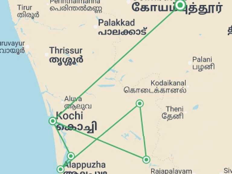 Map of Kerala & Tamil Nadu Cultural, religious and historic sites Tour with 7 destination visits for the trip: Classic Kerala - 9 Days