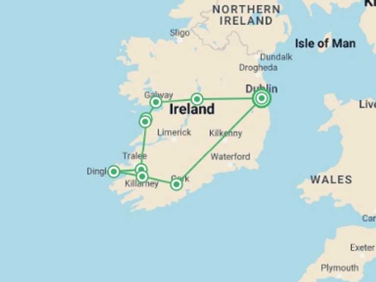 Map of Ireland Tour with 9 destination visits for the trip: Emerald Explorer 7-Day Ireland Tour