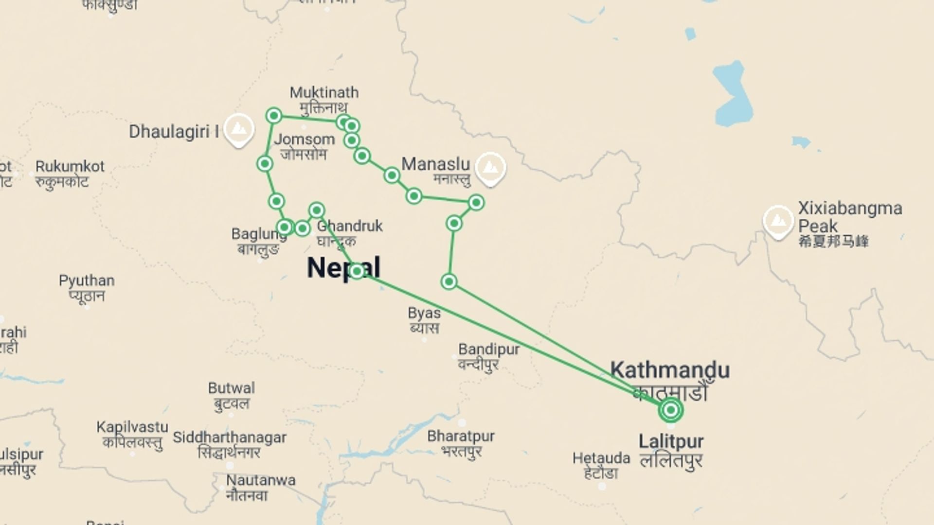 A map showing the tour itinerary for the trip: Annapurna Circuit Trek, starting in Kathmandu, Nepal and ending in Kathmandu, Nepal going through 15 other destinations.