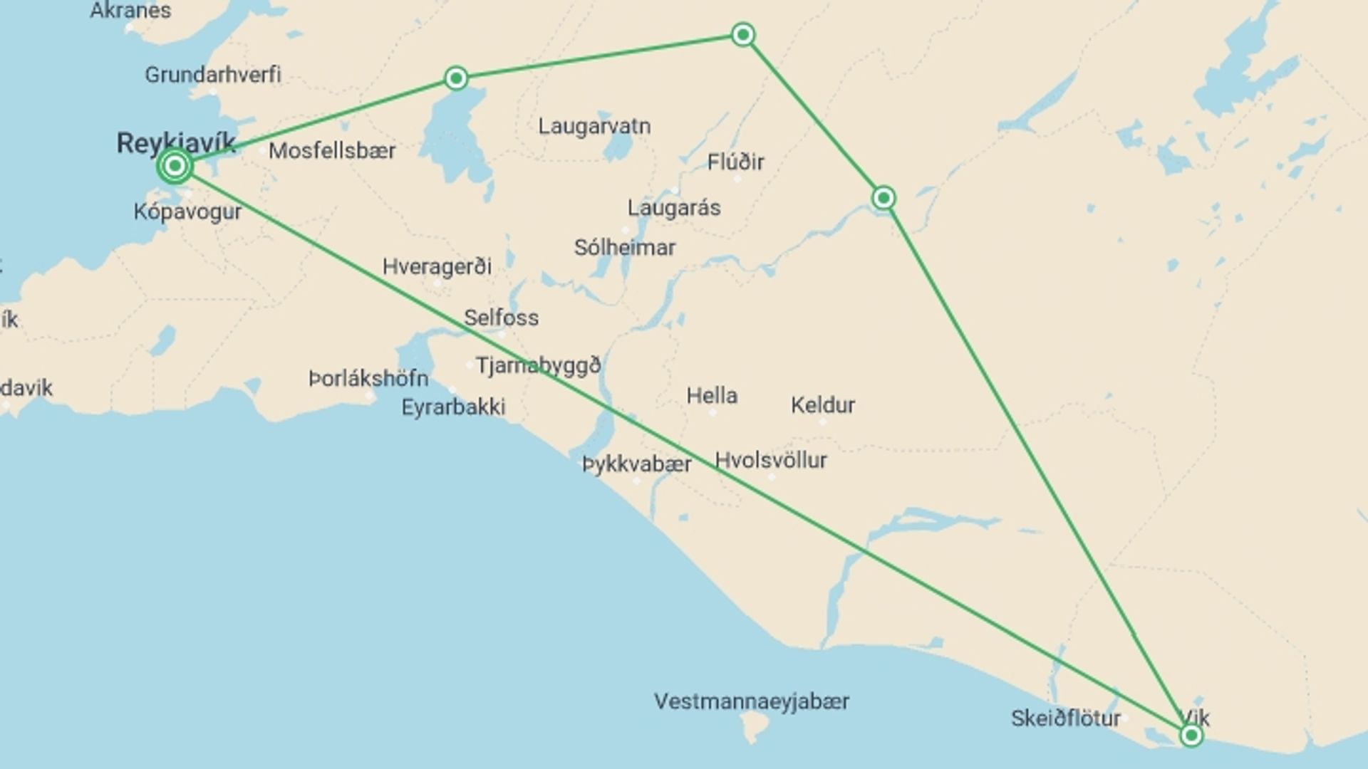 A map showing the tour itinerary for the trip: Golden Circle of Iceland Summer, starting in Reykjavik, Iceland and ending in Reykjavik, Iceland going through 3 other destinations.