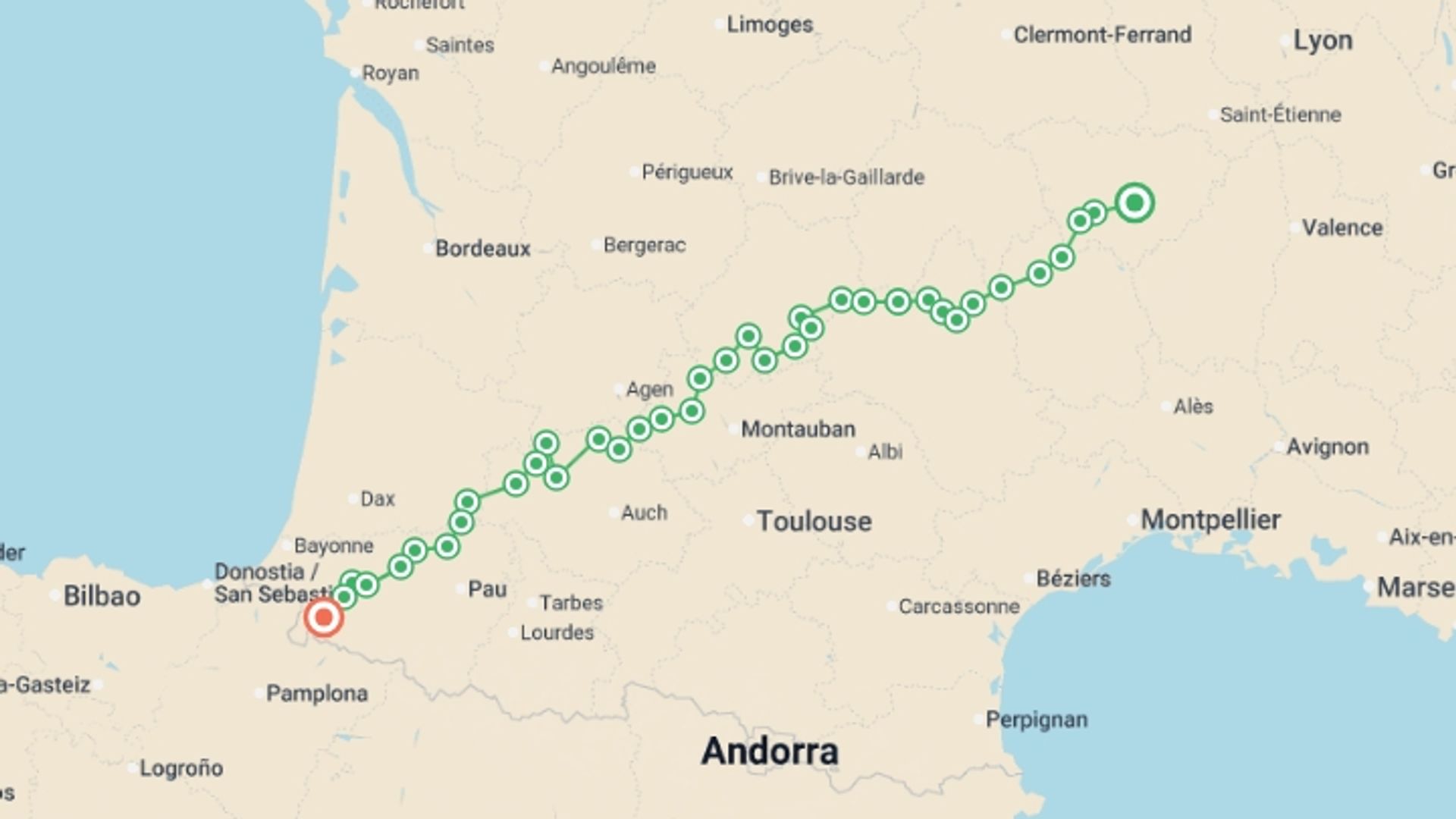 A map showing the tour itinerary for the trip: Full Le Puy Camino, starting in The Way of St. James, France and ending in Saint-Jean-Pied-de-Port, France going through 38 other destinations.