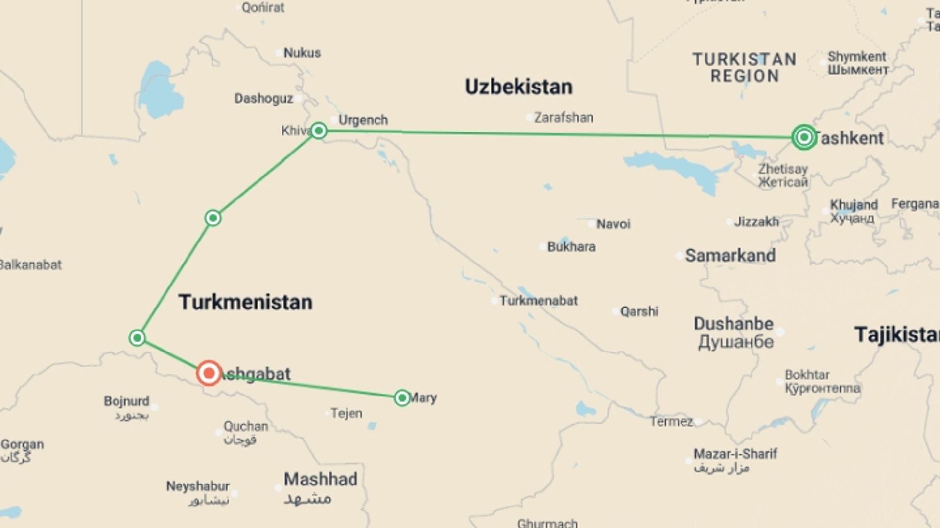 A map showing the tour itinerary for the trip: Tashkent to Ashgabat, starting in Tashkent, Uzbekistan and ending in Ashgabat, Turkmenistan going through 4 other destinations.