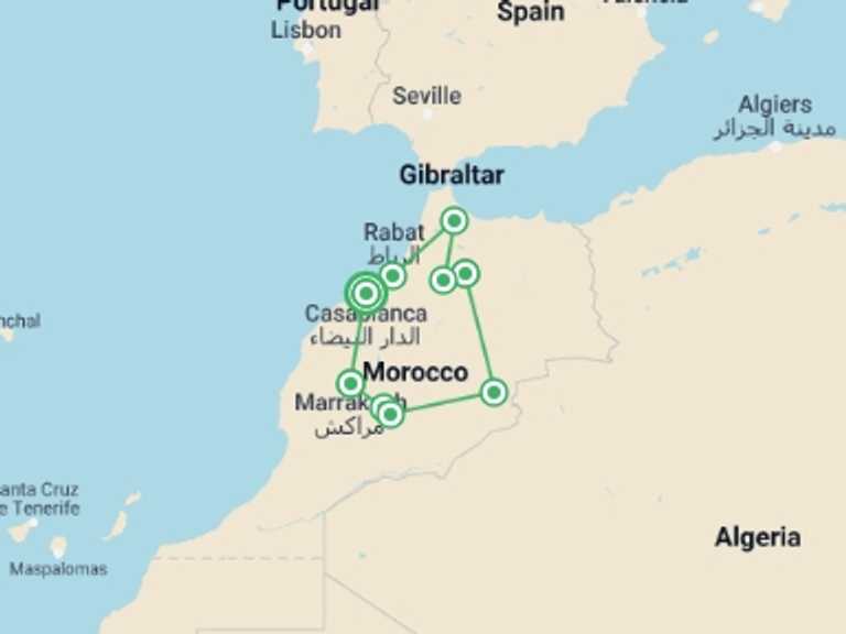 Map of 10-Day Marrakech Tour with 6 destination visits for the trip: Highlights of Morocco Luxury Tour