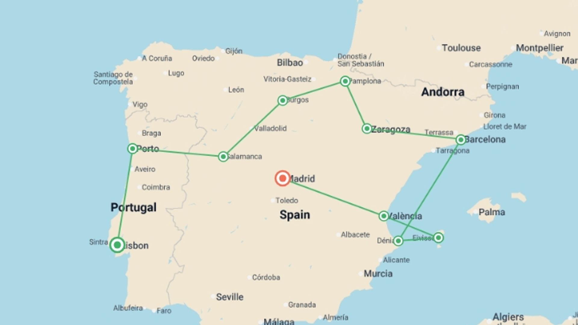 A map showing the tour itinerary for the trip: Lisbon to Madrid, starting in Lisbon, Portugal and ending in Madrid, Spain going through 6 other destinations.