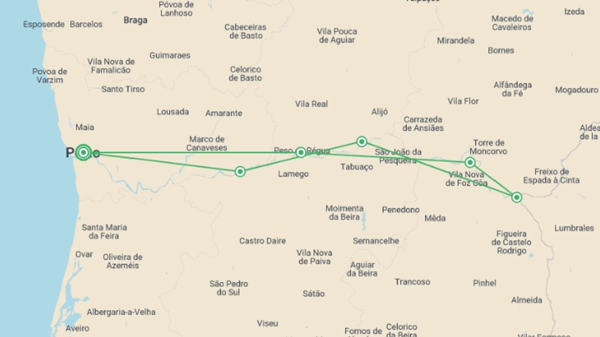 A map showing the tour itinerary for the trip: Magical Douro Cruise, starting in Porto, Portugal and ending in Regua, Regua going through 6 other destinations.