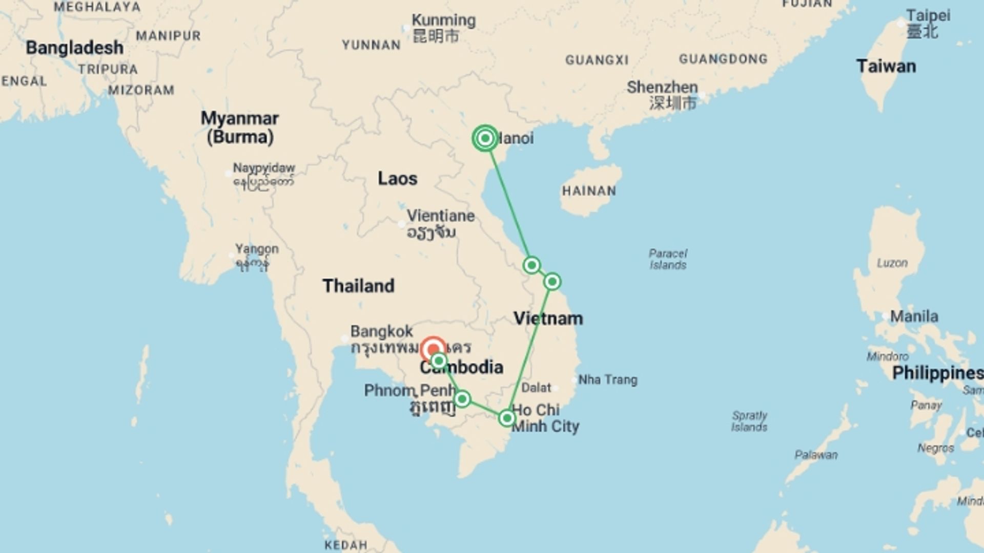 A map showing the tour itinerary for the trip: Journey to Angkor Wat - 14 days, starting in Hanoi, Vietnam and ending in Siem Reap, Cambodia going through 6 other destinations.