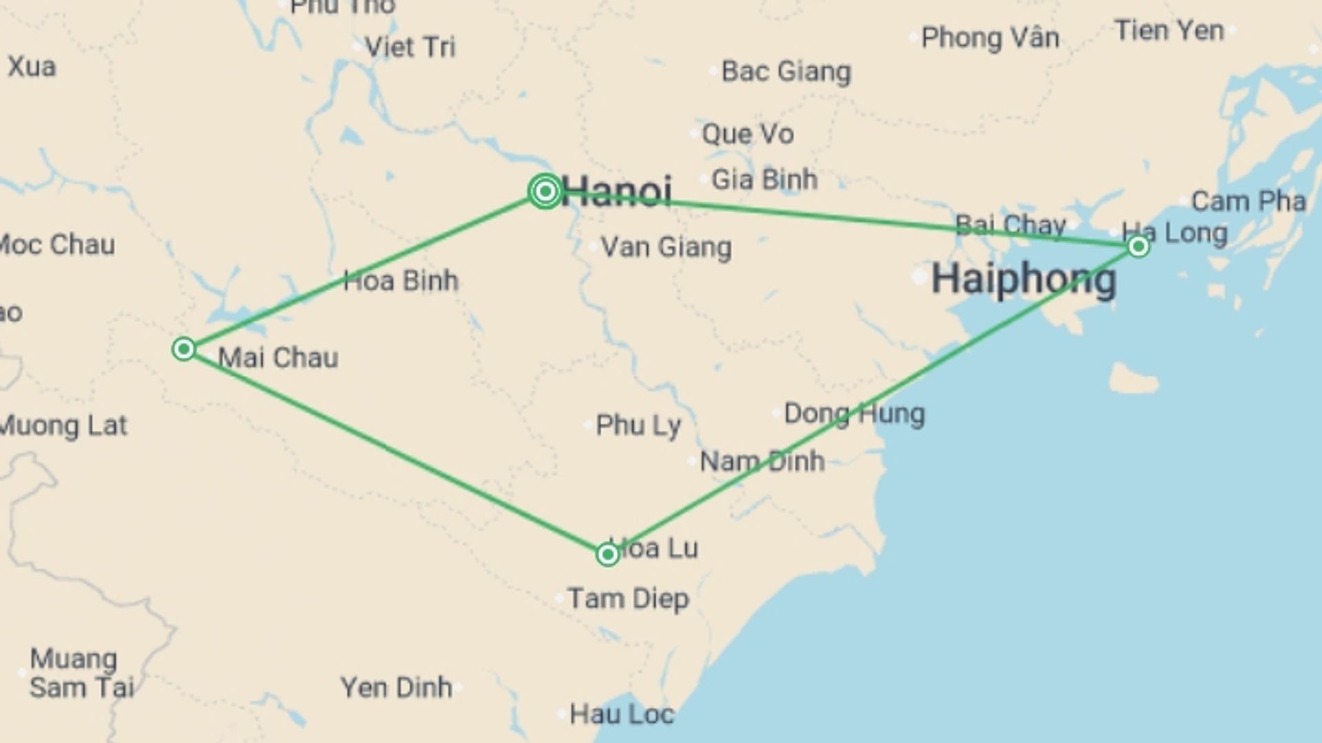 A map showing the tour itinerary for the trip: Hanoi, Mai Chau, Ninh Binh & Halong Bay - 8 days , starting in Hanoi, Vietnam and ending in Hanoi, Vietnam going through 3 other destinations.