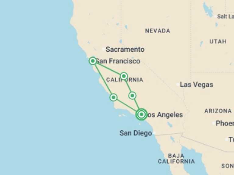 Map itinerary of USA Tour in January 2026 with 5 destination visits for the trip: Fascinating West ROT