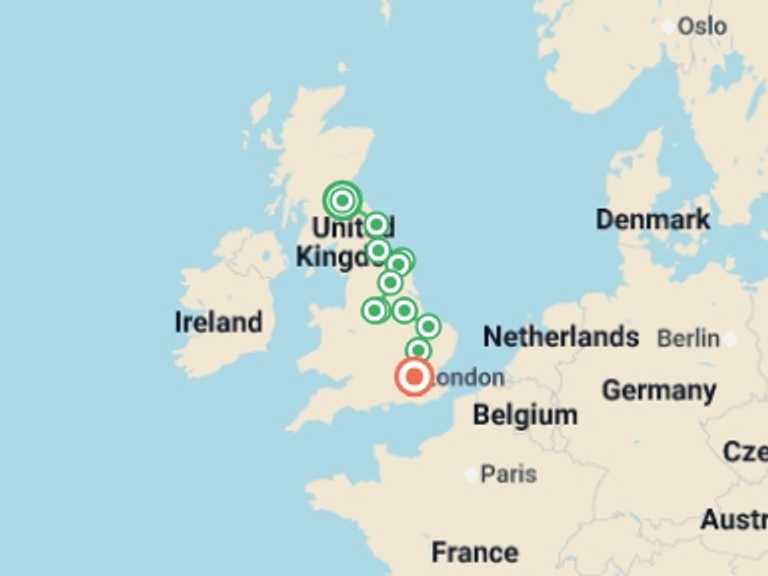 Map itinerary of London Tour in October 2026 with 6 destination visits for the trip: Enchanting Eastern England