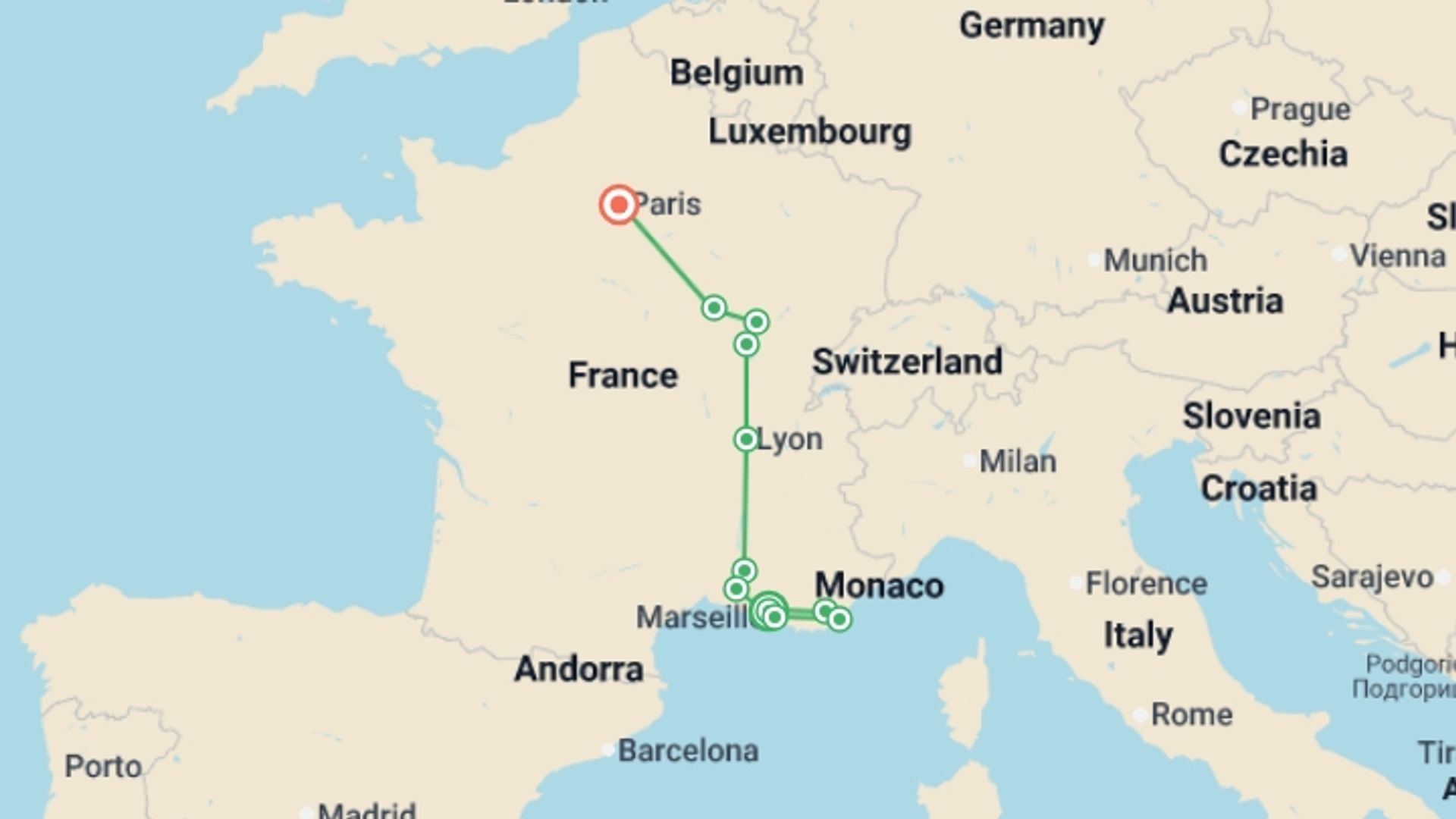 A map showing the tour itinerary for the trip: Crossing France, starting in Cote D'Azur, France and ending in Paris, France going through 4 other destinations.