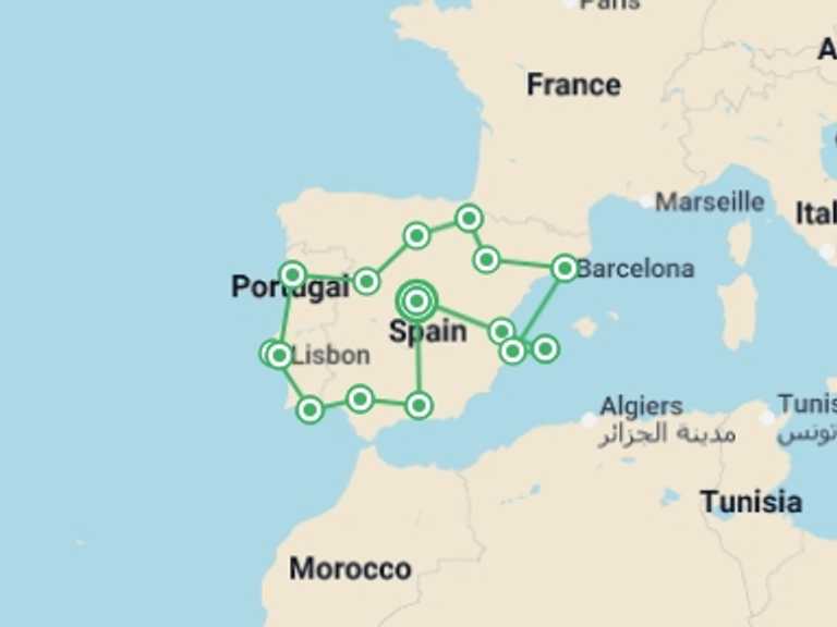 Map itinerary of Spain Tour in Spring with 11 destination visits for the trip: Spain & Portugal Loop from Madrid
