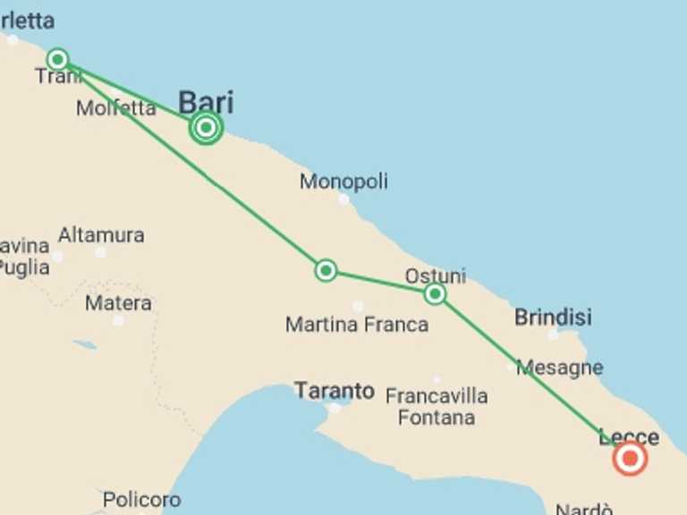 Map itinerary of Italy Tour in August 2027 with 7 destination visits for the trip: Unesco Puglia & Matera wonder holiday package