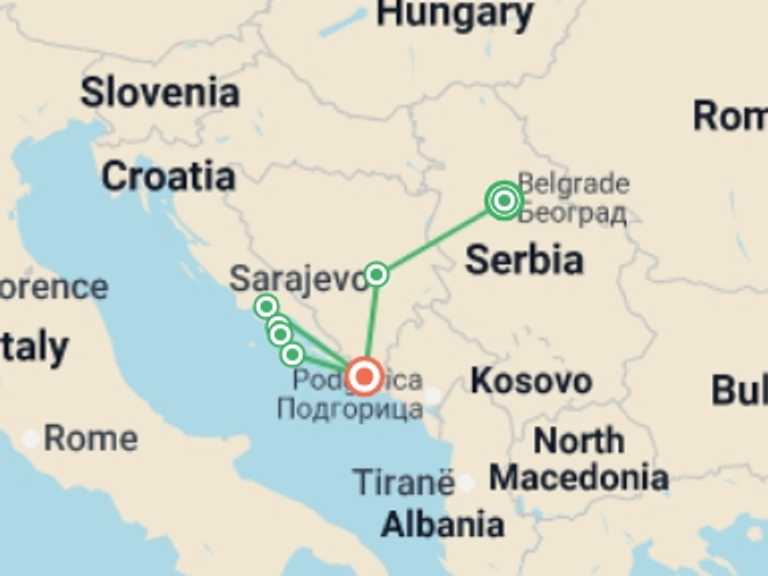 Map itinerary of Europe Tour in January 2027 with 7 destination visits for the trip: Traveling Through the Former Yugoslavia