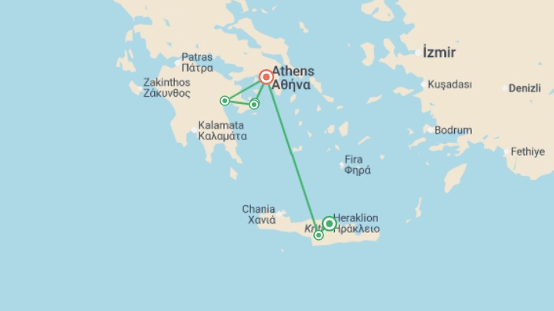 A map showing the tour itinerary for the trip: A Taste of Greece - Crete to the Peloponnese, starting in Heraklion, Greece and ending in Athens, Greece going through 4 other destinations.