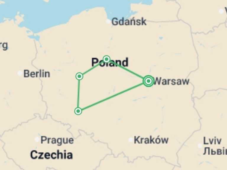 Map itinerary of Warsaw Tour in July 2026 with 2 destination visits for the trip: Essential Poland