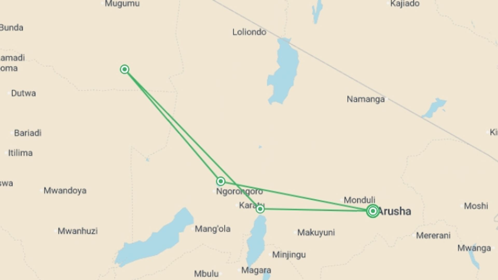 A map showing the tour itinerary for the trip: Simba Safari, starting in Arusha, Tanzania and ending in Arusha, Tanzania going through 4 other destinations.