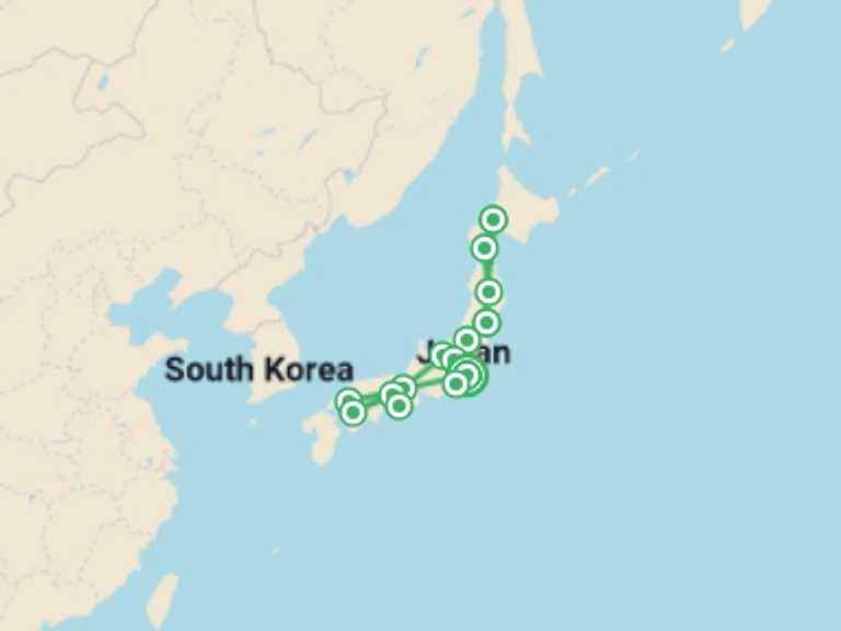 Map of 19-Day Asia Tour with 14 destination visits for the trip: Japanese Scenes and Mount Fuji