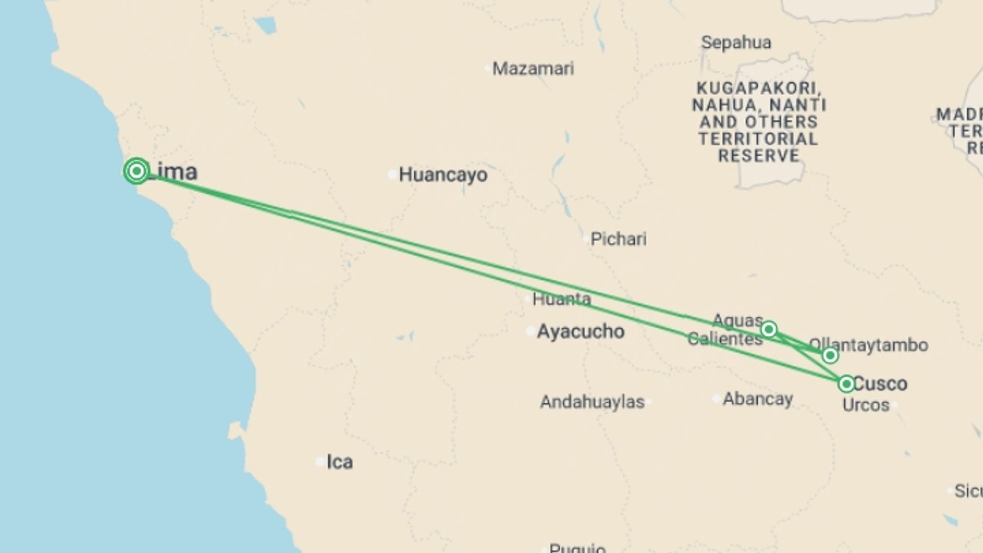 A map showing the tour itinerary for the trip: Highlights of Peru, starting in Lima, Peru and ending in Lima, Peru going through 3 other destinations.