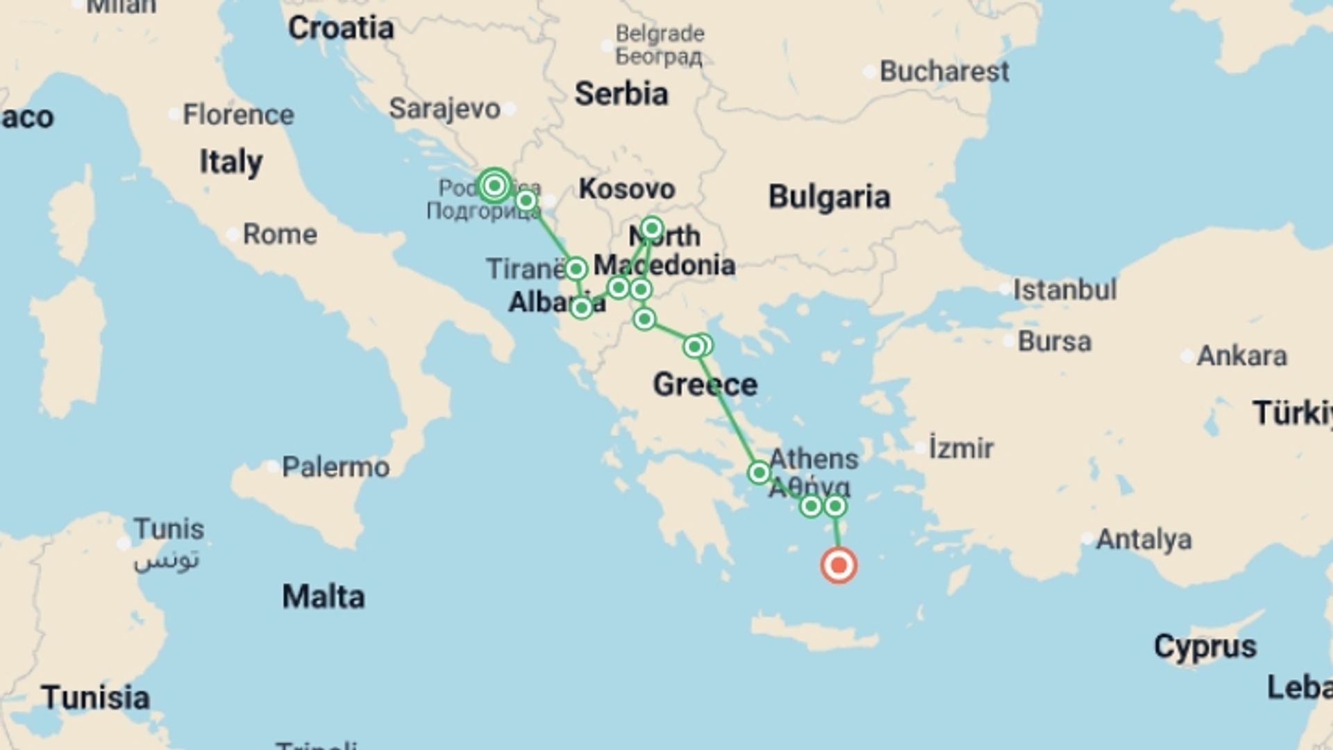A map showing the tour itinerary for the trip: Dubrovnik to Santorini, starting in Dubrovnik, Croatia and ending in Santorini, Greece going through 12 other destinations.