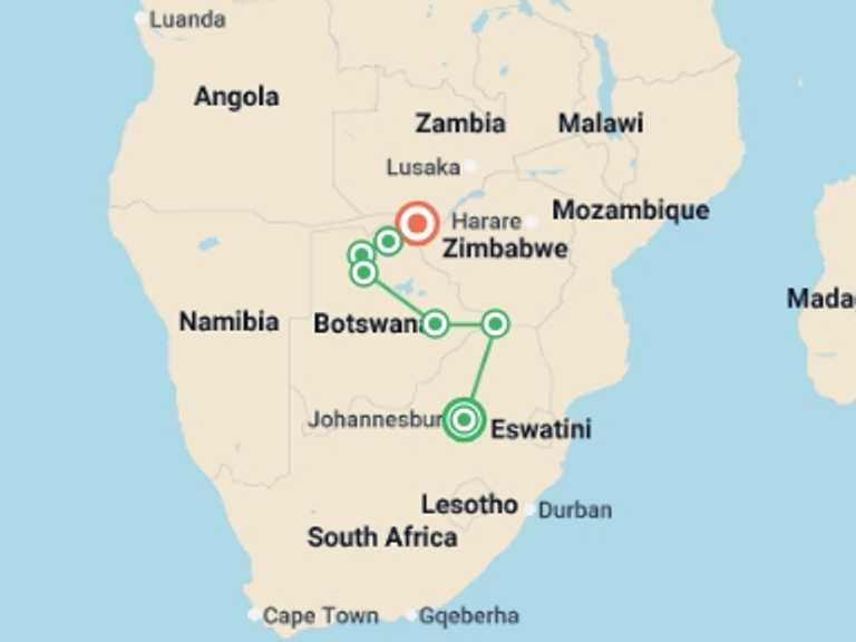 Map of Southern Africa Tour with 7 destination visits for the trip: Botswana Adventure & Falls Northbound - 12 days